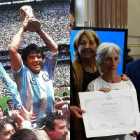 Diego Maradona en 1986, la pionera Elba Selva y Lionel Messi en 2022.