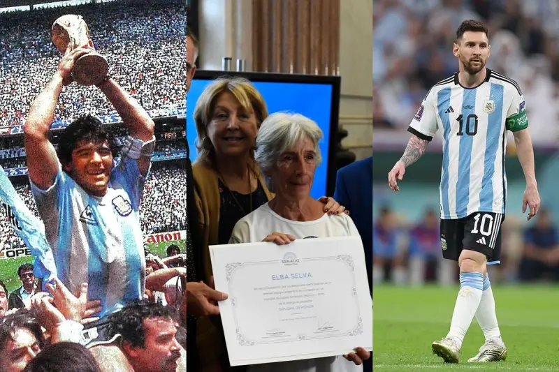 Diego Maradona en 1986, la pionera Elba Selva y Lionel Messi en 2022.