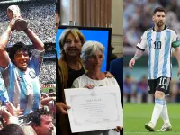 Diego Maradona en 1986, la pionera Elba Selva y Lionel Messi en 2022.