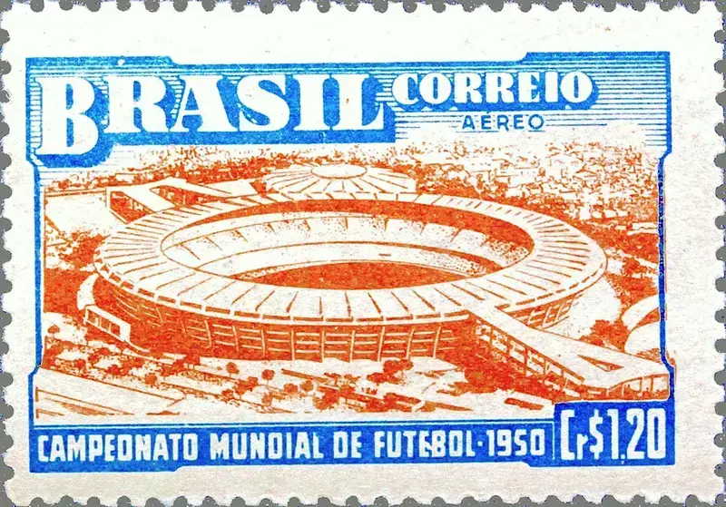 Sello postal conmemorativo del Mundial de 1950 disputado en Brasil.