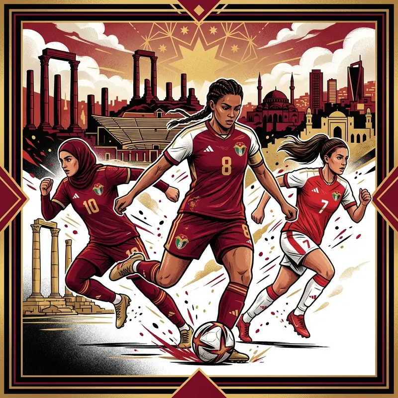 Ilustración editorial sobre la selección femenina de Jordania.