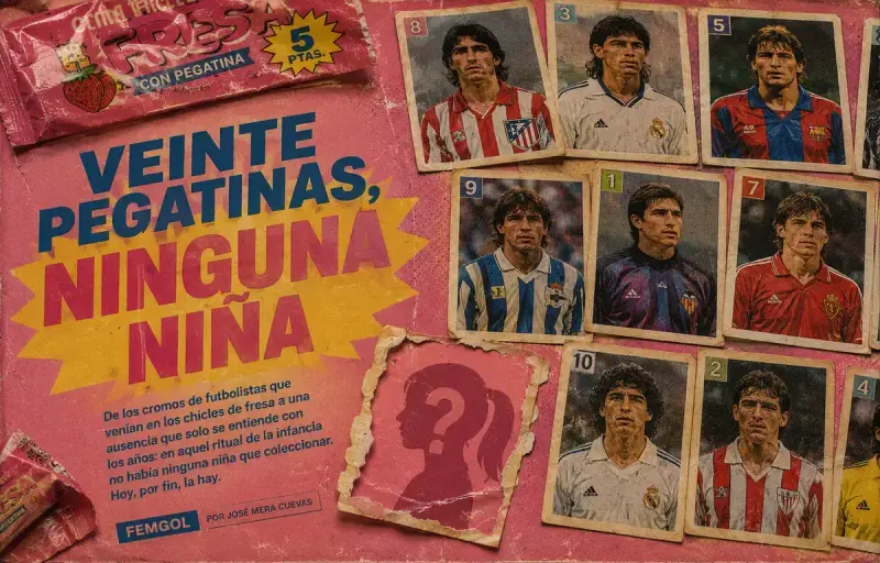 Ilustración generada por IA que recrea los cromos tradicionales de futbolistas masculinos.